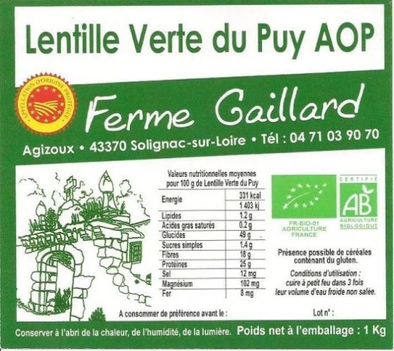 [GAIL-LENT-PUY--1KG-6] Lentilles vertes du puy AOP Bio certifié ECOCERT Kg